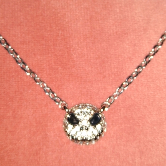 Silver Skull Charm Chain Necklace Pave Rhinestone Smiling Face Black Eyes Charm - Picture 1 of 6